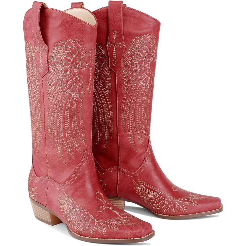 ⚡Womens Red Faux Leather Knee High Cowboy Chunky Heel Tall Western Boots - Picture 3 of 9